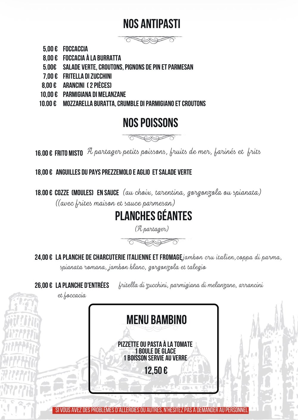 Antipasti, poissons, planches et menu enfant