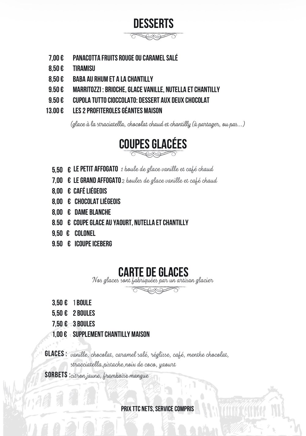 Carte des desserts et glaces